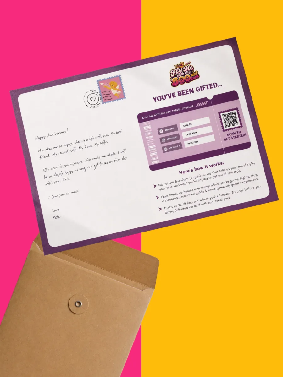 The inside of the card, showing the voucher and a handwritten message
