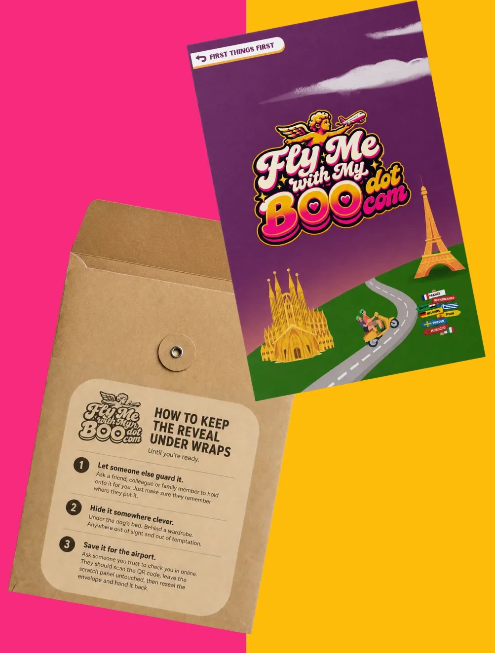 The front of the reveal card, beside the envelope