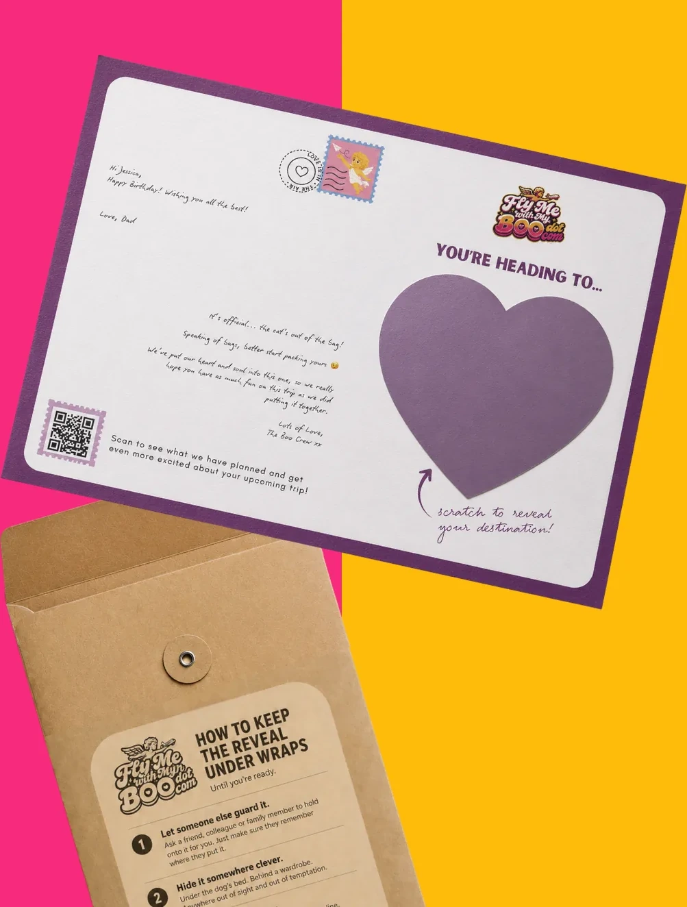 The reveal card laid out with the envelope